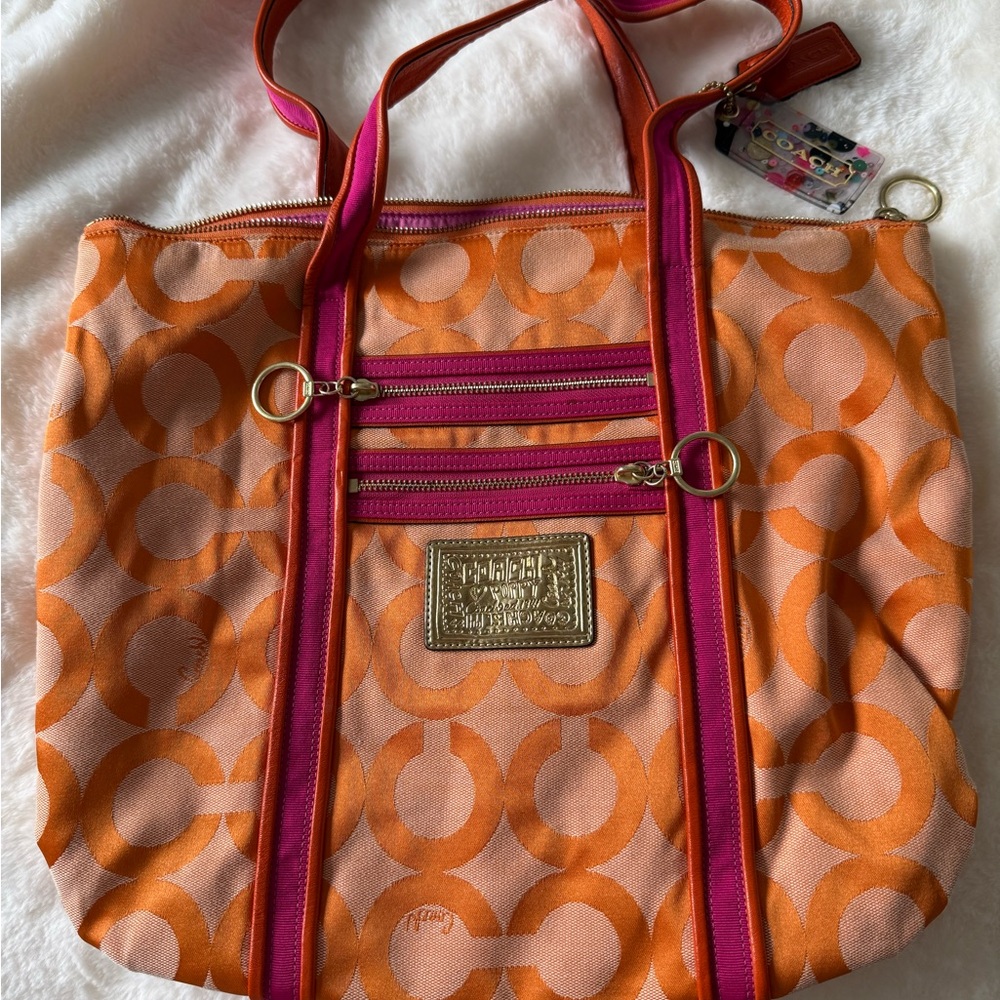Coach Poppy C Orange & Pink Patterned Tote Bag